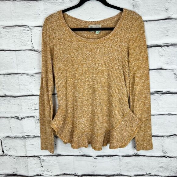 Anthropologie XS Yellow Waffle Knit Thermal Top Ruffle Wrap Back - Picture 2 of 7